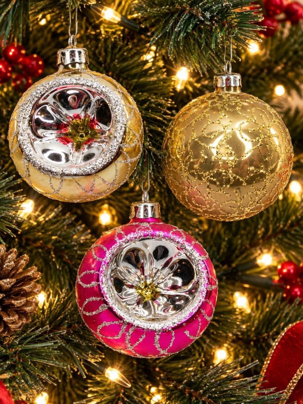 Vintage Set 3 Indented Mercury Glass Ornament 3" Gold Pink Silver Flower Glitter